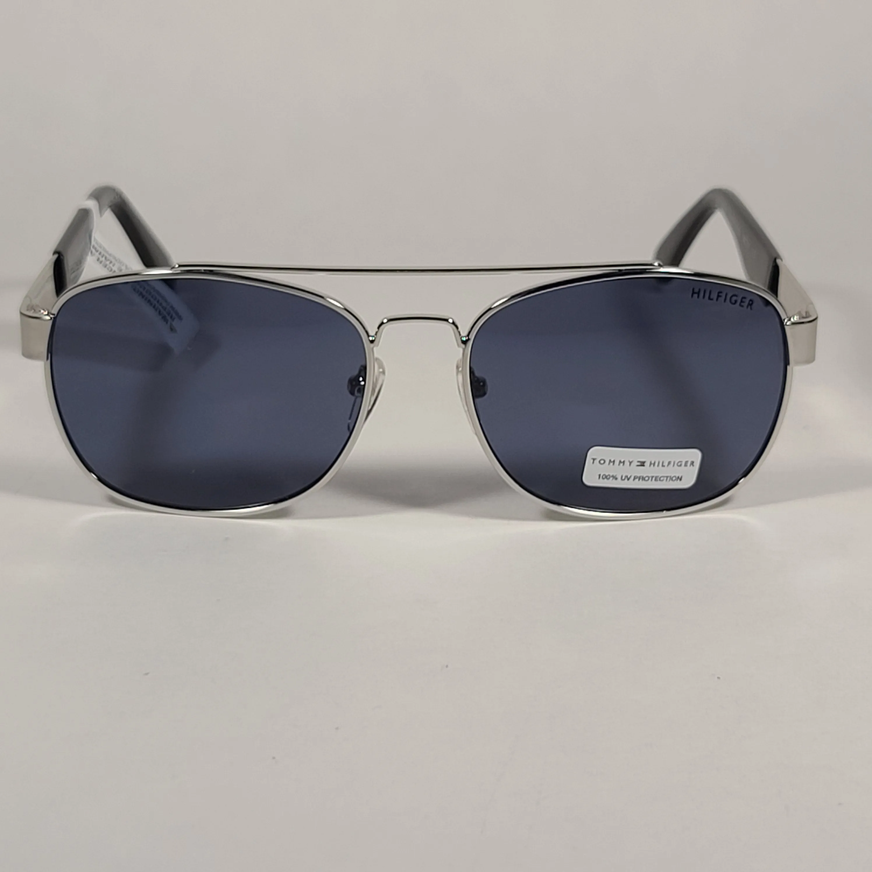 Tommy Hilfiger Brendan Rectangular Sunglasses Silver And Black Frame Blue Gray Lens BRENDAN MM OM435