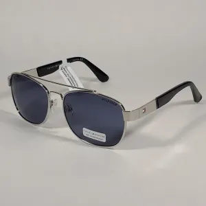 Tommy Hilfiger Brendan Rectangular Sunglasses Silver And Black Frame Blue Gray Lens BRENDAN MM OM435