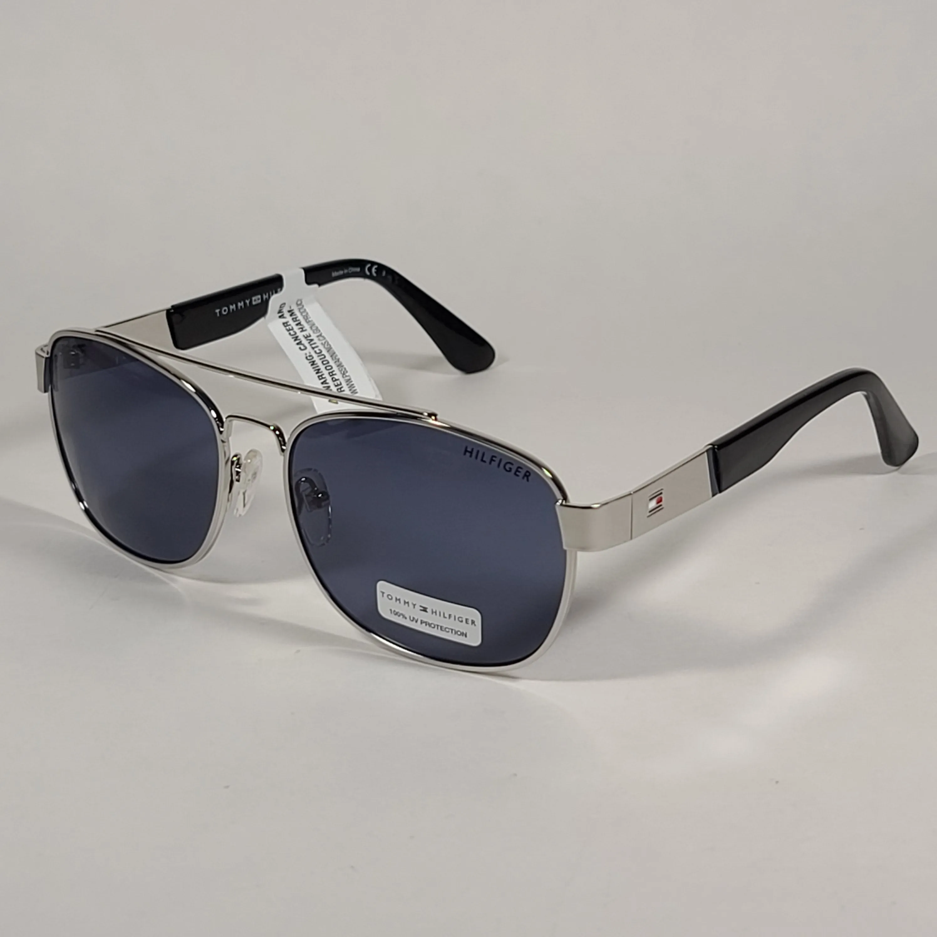 Tommy Hilfiger Brendan Rectangular Sunglasses Silver And Black Frame Blue Gray Lens BRENDAN MM OM435