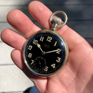 Vintage Rolex WWII Military Black Enamel Radium 15 Jewels 20 Size Chrome Pocket Watch