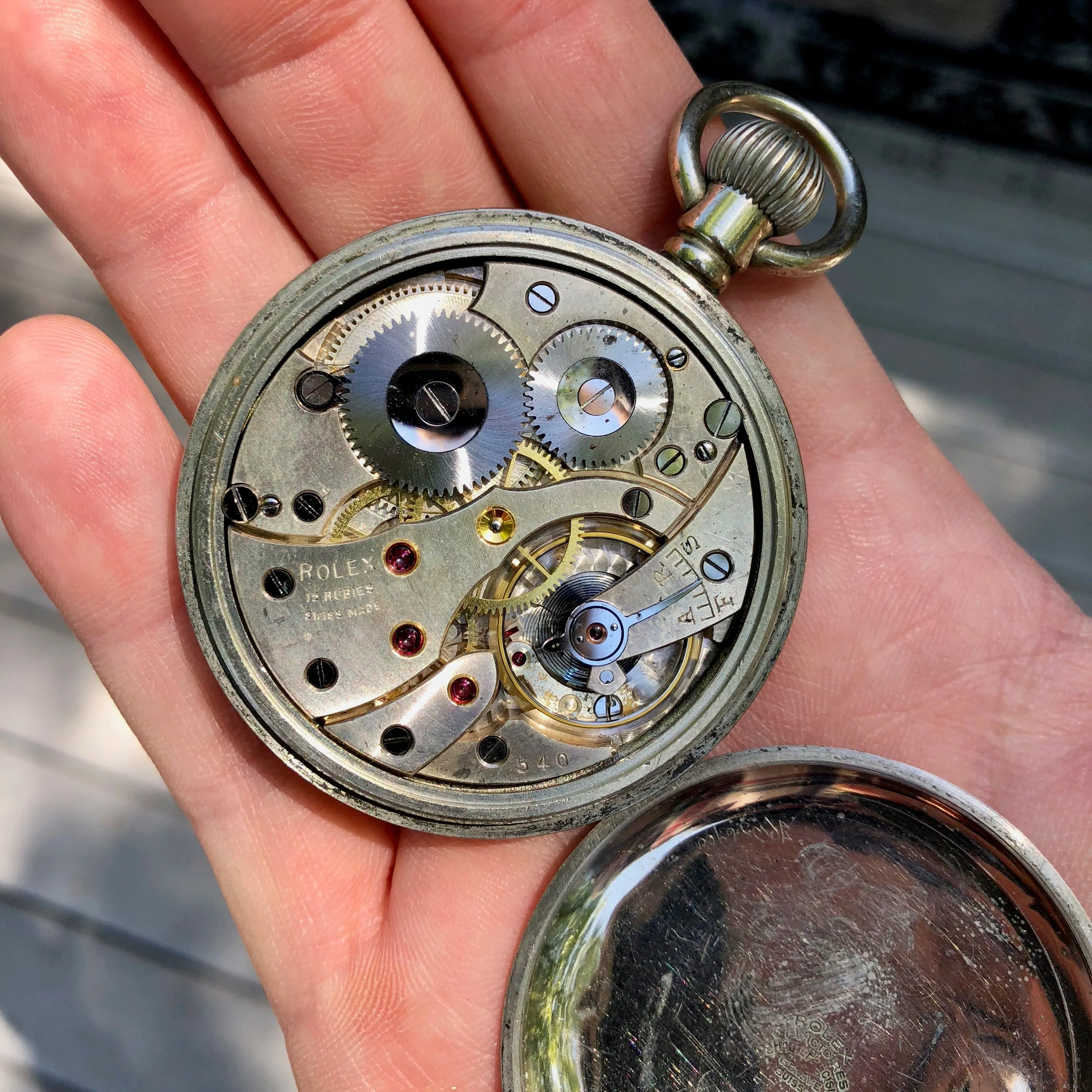 Vintage Rolex WWII Military Black Enamel Radium 15 Jewels 20 Size Chrome Pocket Watch