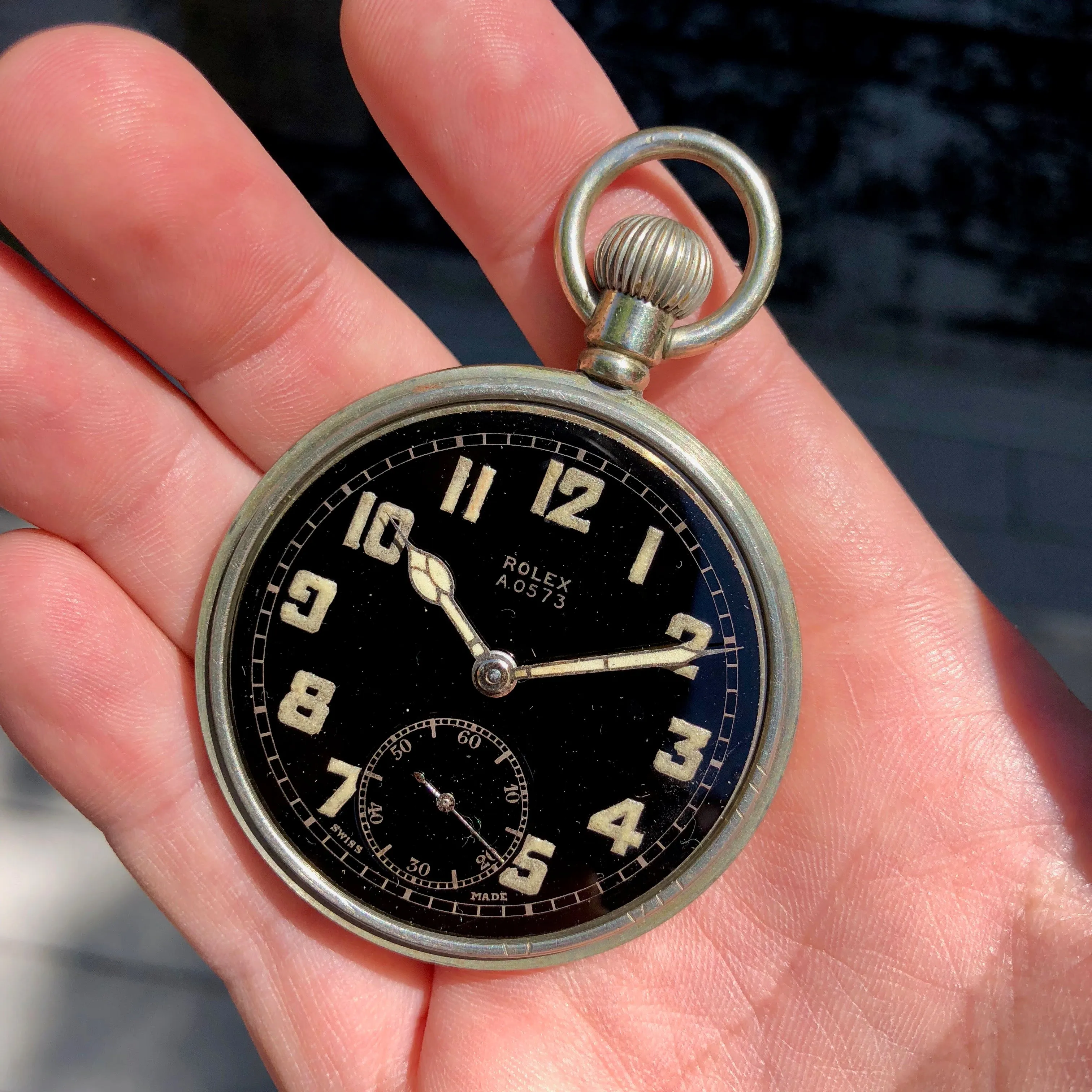 Vintage Rolex WWII Military Black Enamel Radium 15 Jewels 20 Size Chrome Pocket Watch