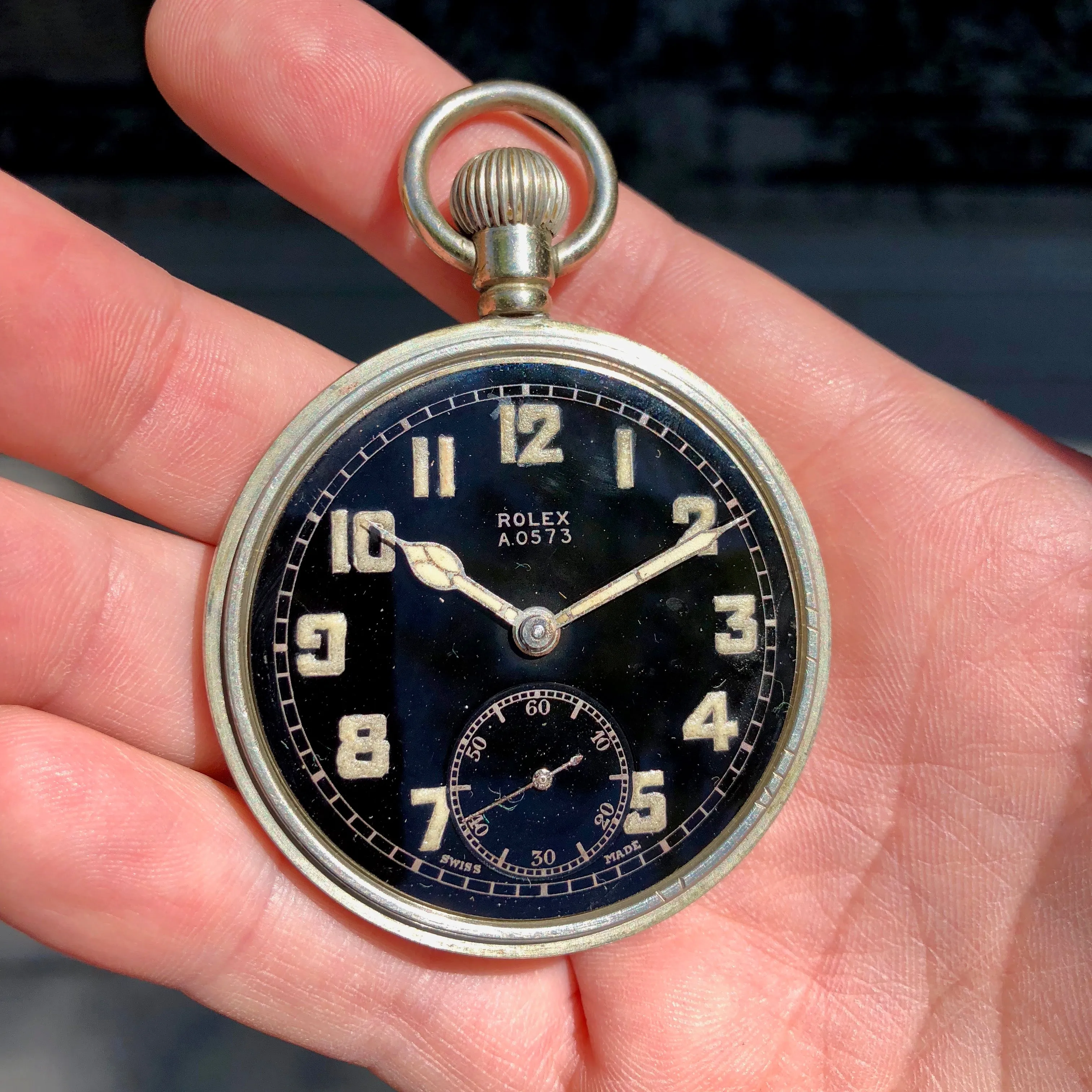 Vintage Rolex WWII Military Black Enamel Radium 15 Jewels 20 Size Chrome Pocket Watch