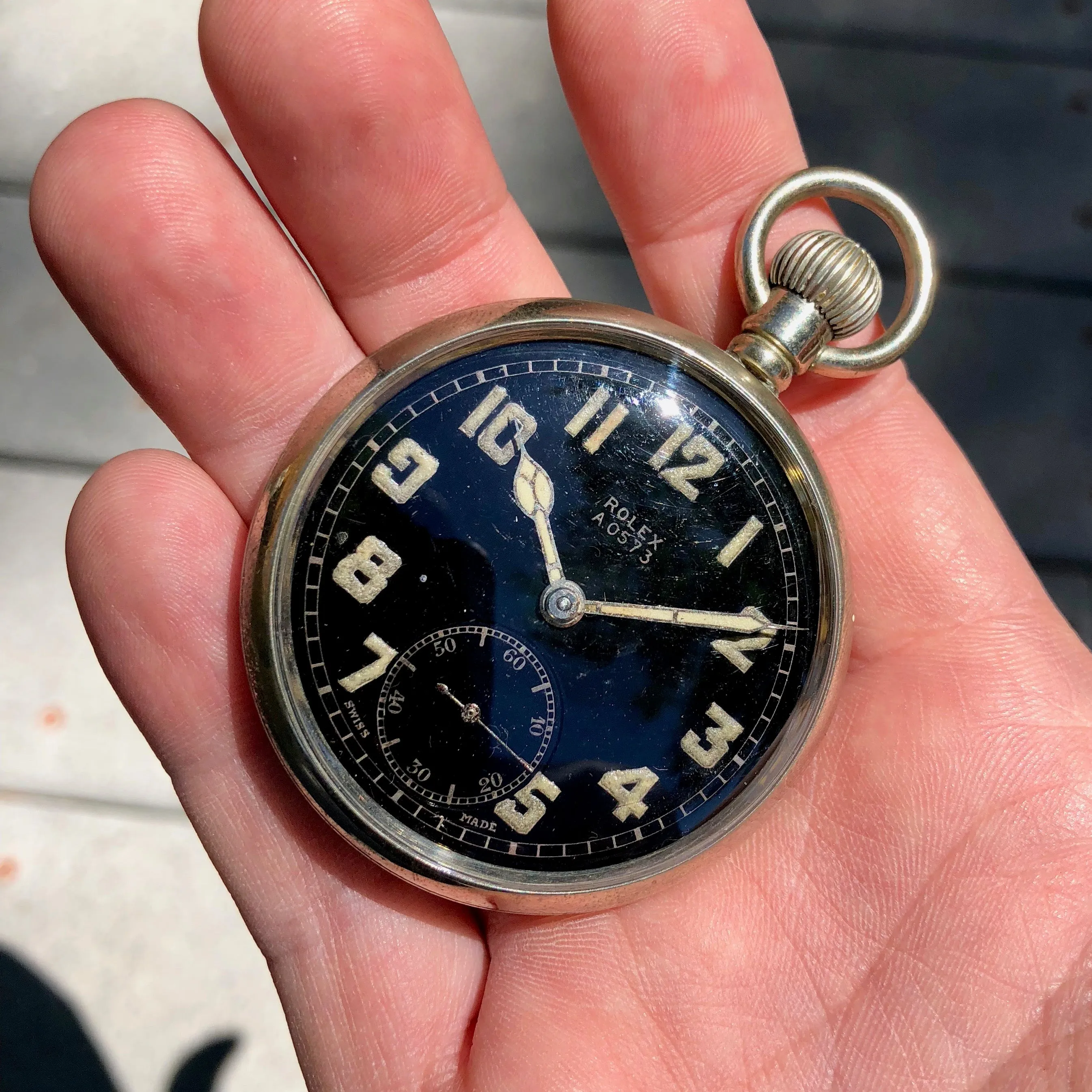 Vintage Rolex WWII Military Black Enamel Radium 15 Jewels 20 Size Chrome Pocket Watch