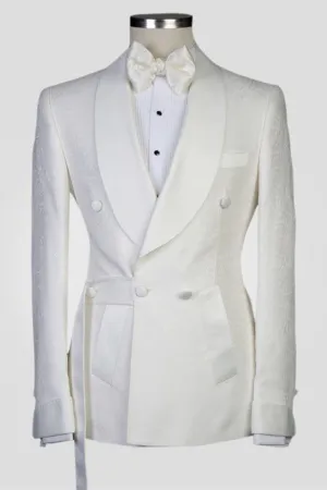 White Jacquard Shawl Lapel Double Breasted Men Suits for Wedding