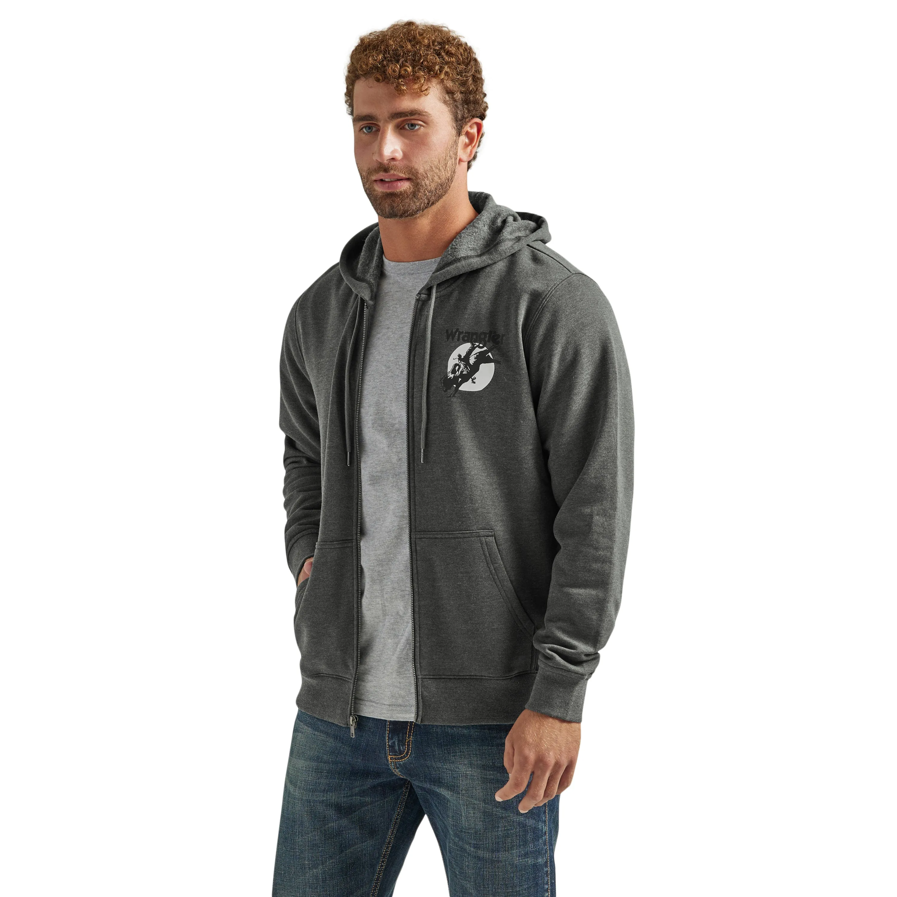 Wrangler Men's Charcoal Full Zip Hoodie with Bull Rider "Long Live Cowboys" Graphics