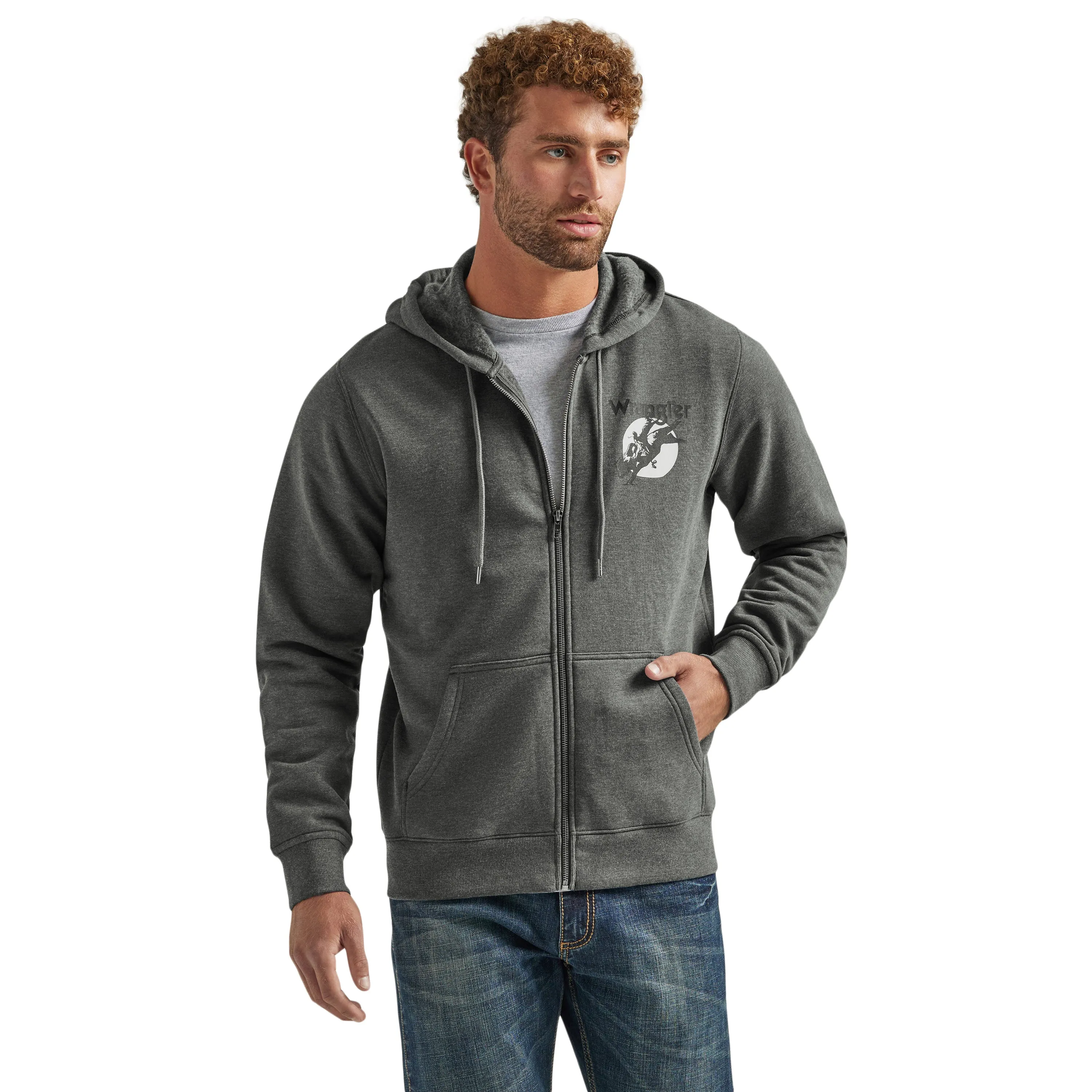 Wrangler Men's Charcoal Full Zip Hoodie with Bull Rider "Long Live Cowboys" Graphics